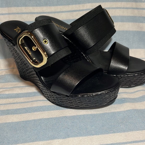 EUC TOSCANELLA WEDGE HEELS. SZ 7 black Made in Italy - Picture 1 of 5